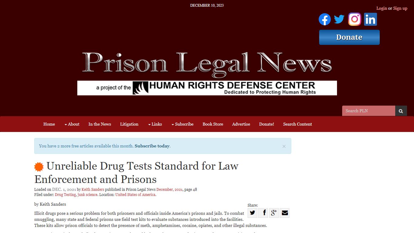 Unreliable Drug Tests Standard for Law Enforcement and Prisons